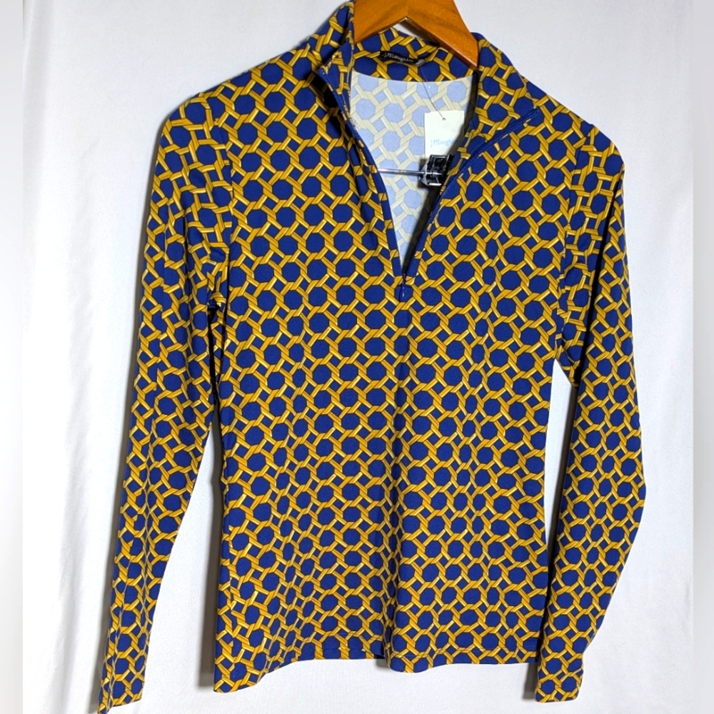 NWT Women's J. McLaughlin Bedford Quarter Zip Catalina Cloth Blue & Gold | Sz S - Picture 2 of 11
